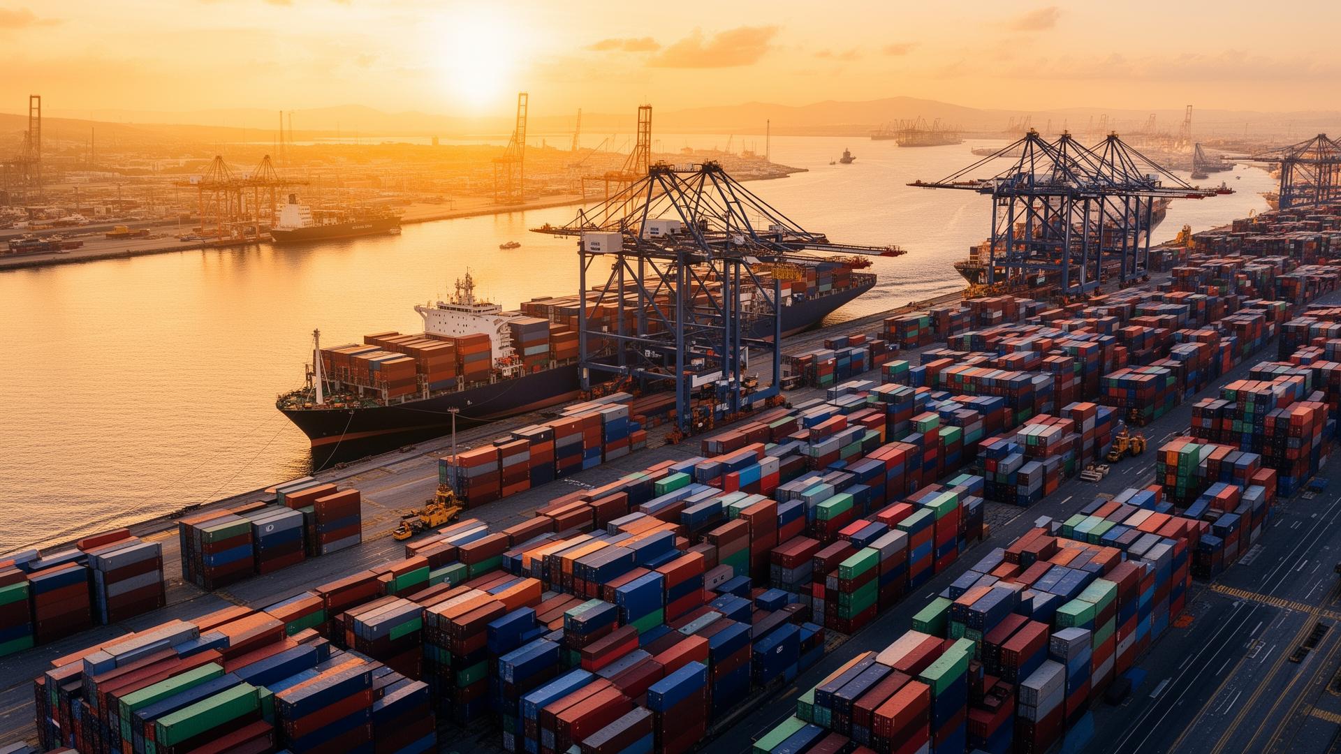 Vista aérea de porto com containers
